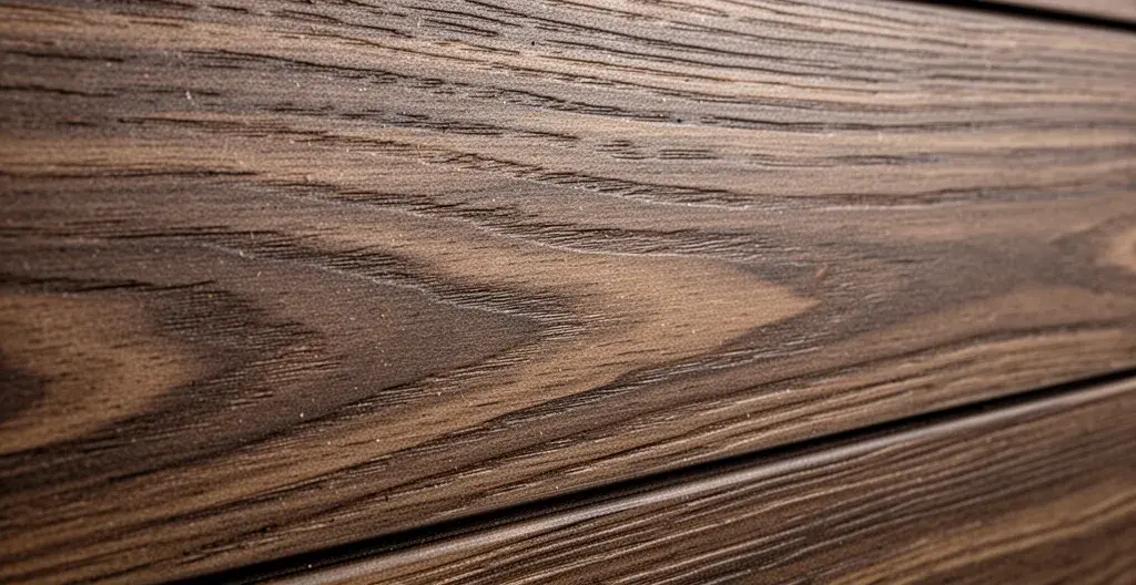 Gros plan sur la texture d'un panneau mural WPC révélant les veinures aspect bois