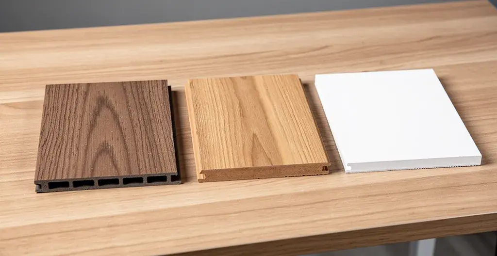 Trois échantillons de revêtement mural WPC, bois et PVC posés côte à côte