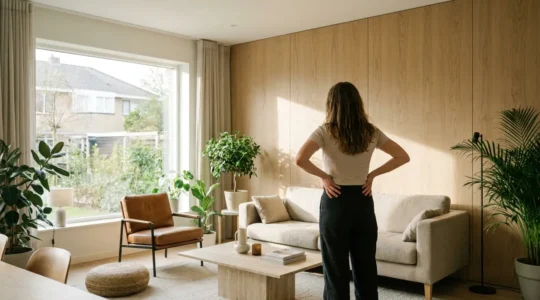 Salon contemporain avec mur habillé de panneaux WPC aspect chêne clair